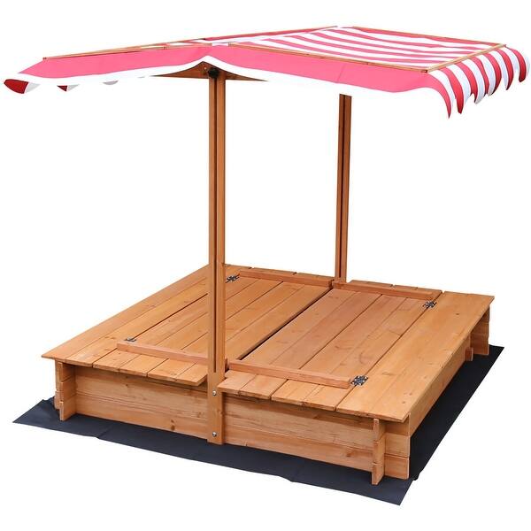 slide 2 of 11, Critter Sitters Children's Wooden Sand Box with 2 Foldable Benches, Red and White Striped Canopy, and Bottom Liner