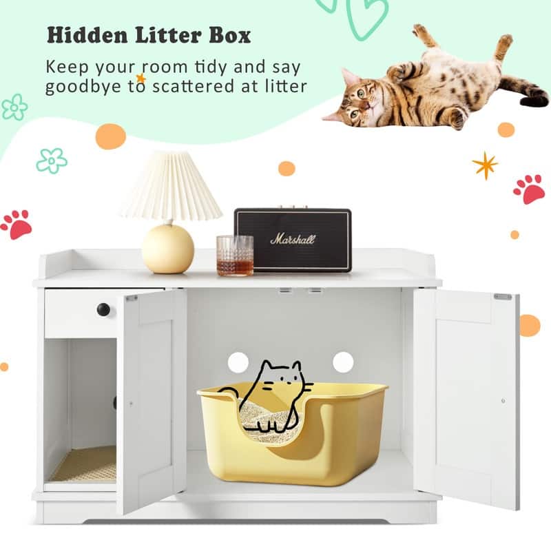 Cat Litter Box Enclosure with Hidden Storage Drawer and Integrated Litter Mat for Indoor Use