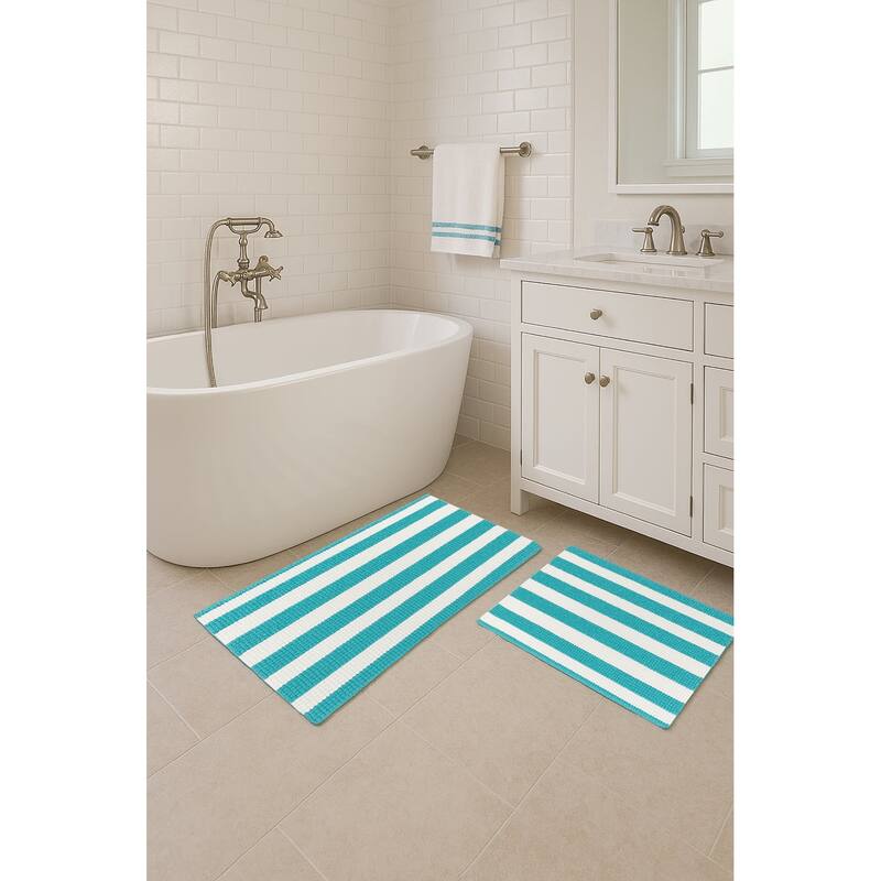 Large 2 Piece Set Light Blue White Stripe Soft Cozy Plush Chenille Bath Mat Bathroom Rug