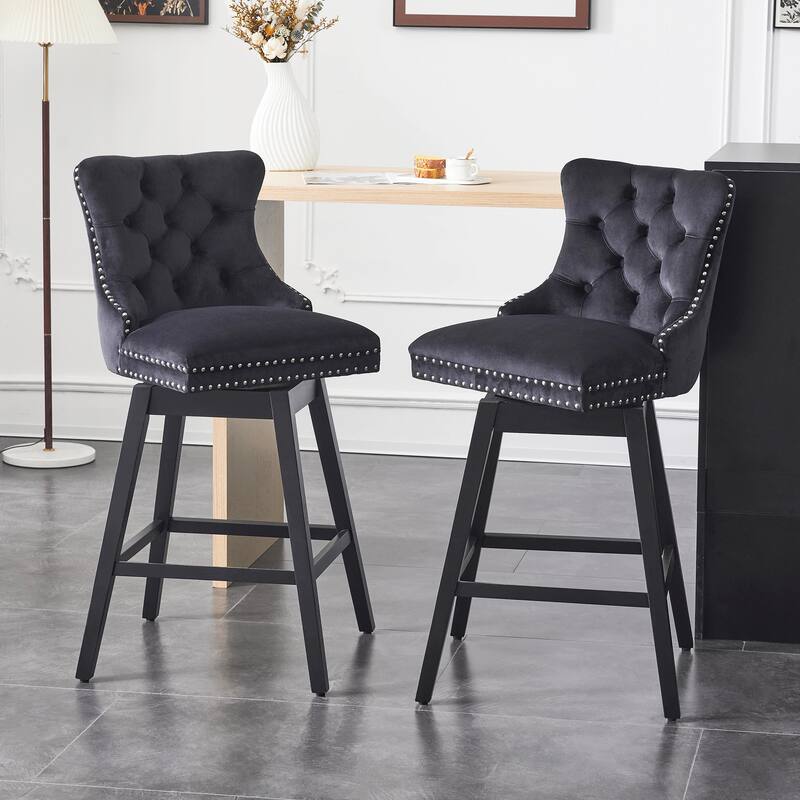 26"/30" Velvet Upholstered Swivel Counter or Bar Height Stools - Set of 2 - Black - Bar Height