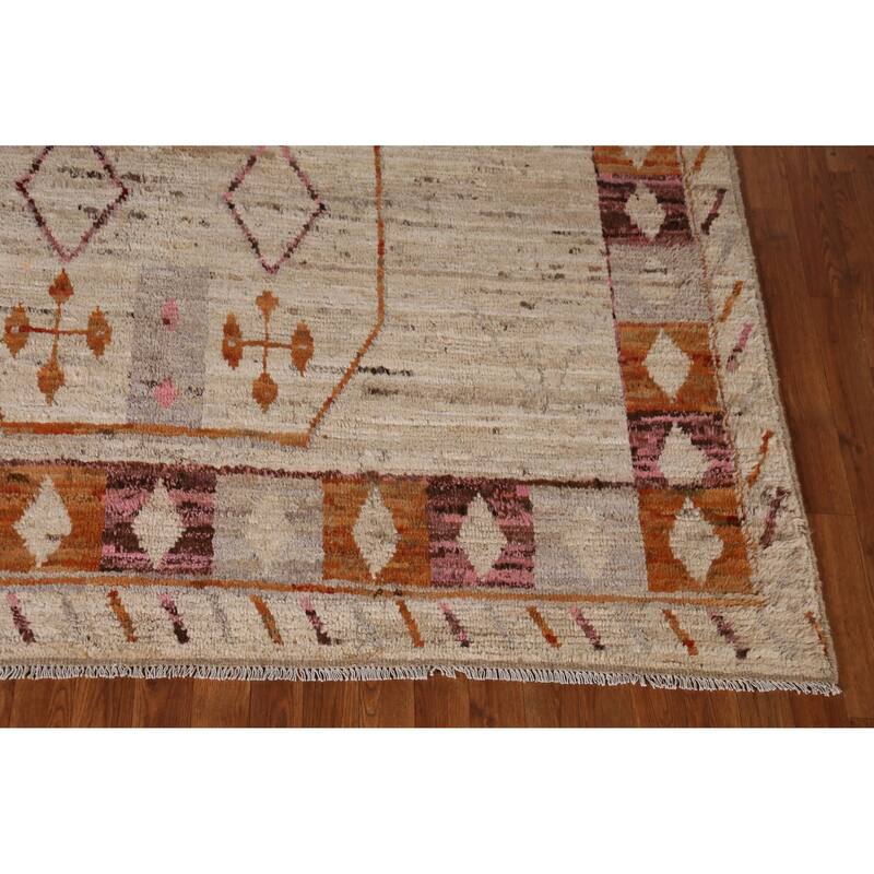 Geometric Beige Moroccan Oriental Area Rug Handmade Tribal Wool Carpet - 6'11" x 9'9"