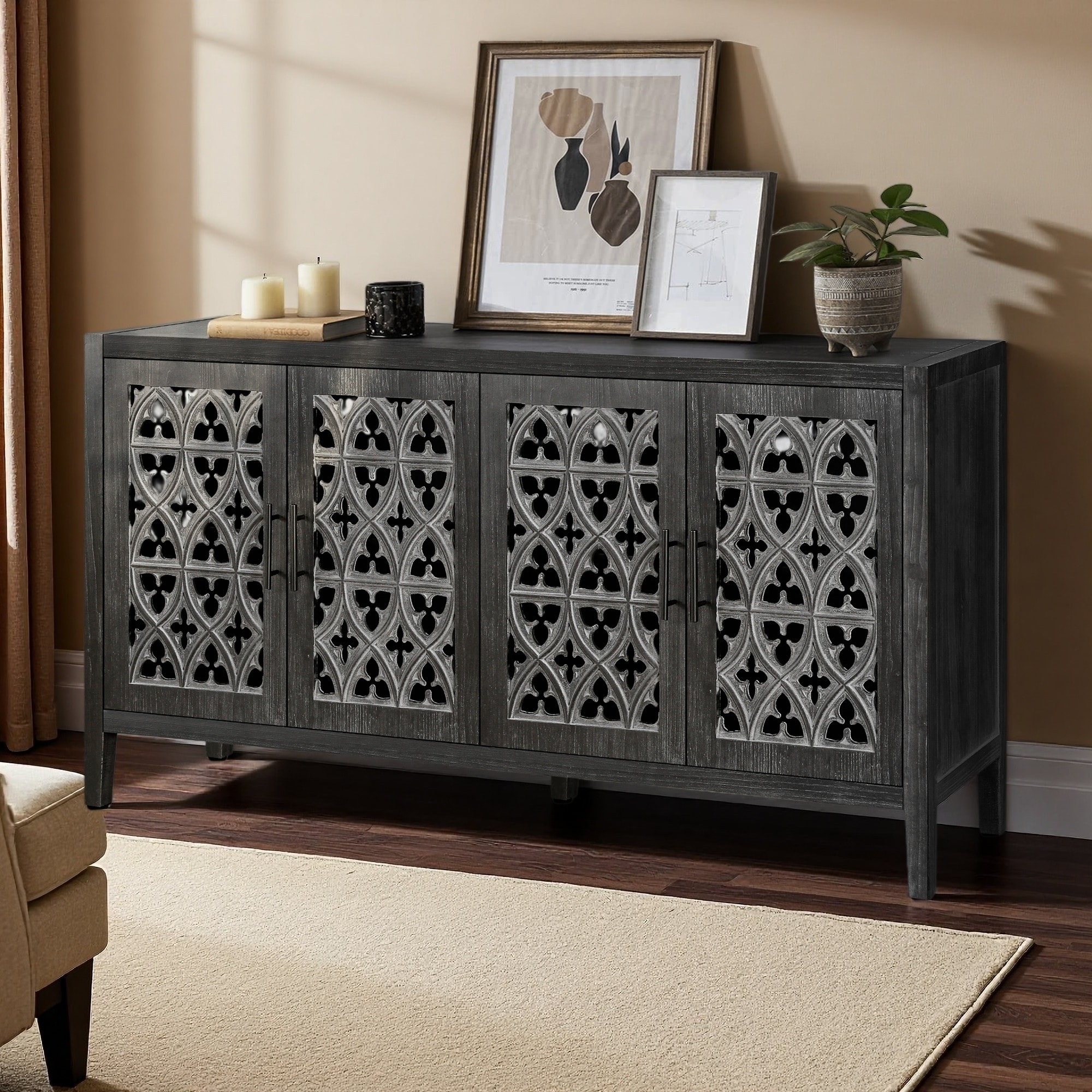 60" TV Console Table with 4 Doors,, Sideboard Cabinet American Country Style, Buffet Table for Living Room or Entryway