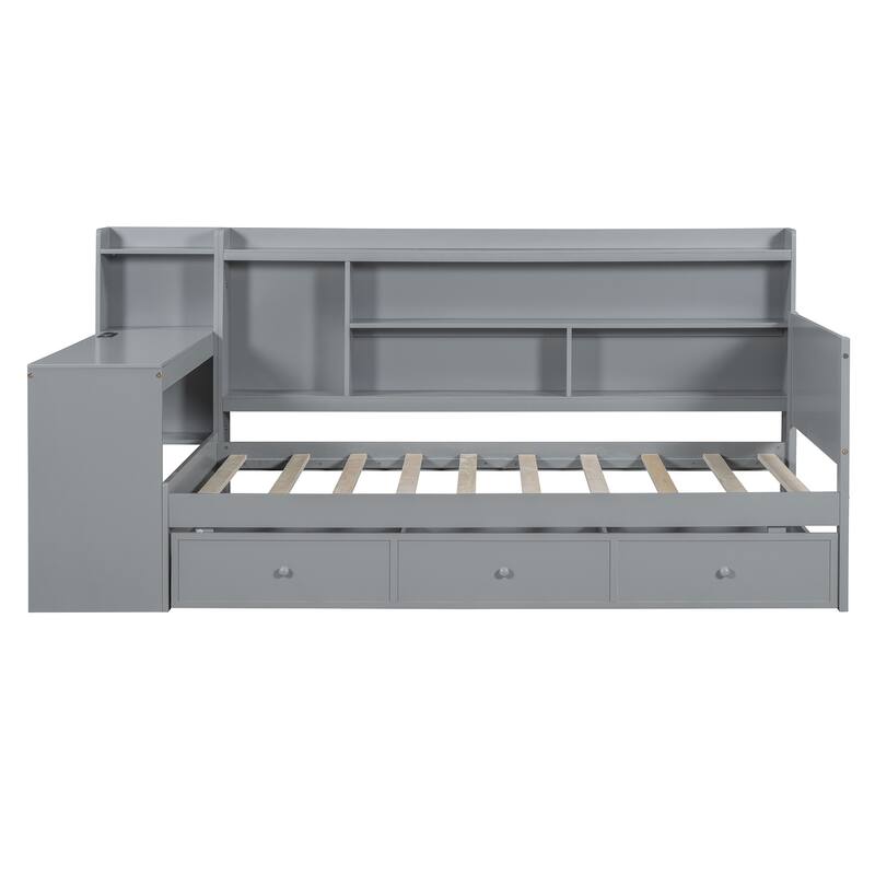 Gray Twin Size Wooden Daybed with Three Drawers, USB Ports, and Desk