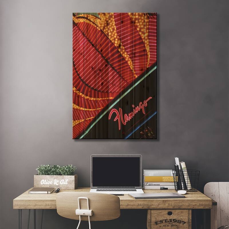 Neon Marquee, Flamingo Las Vegas, Paradise, Clark County, Nevada, USA Print On Wood by Walter Bibikow - Multi-Color