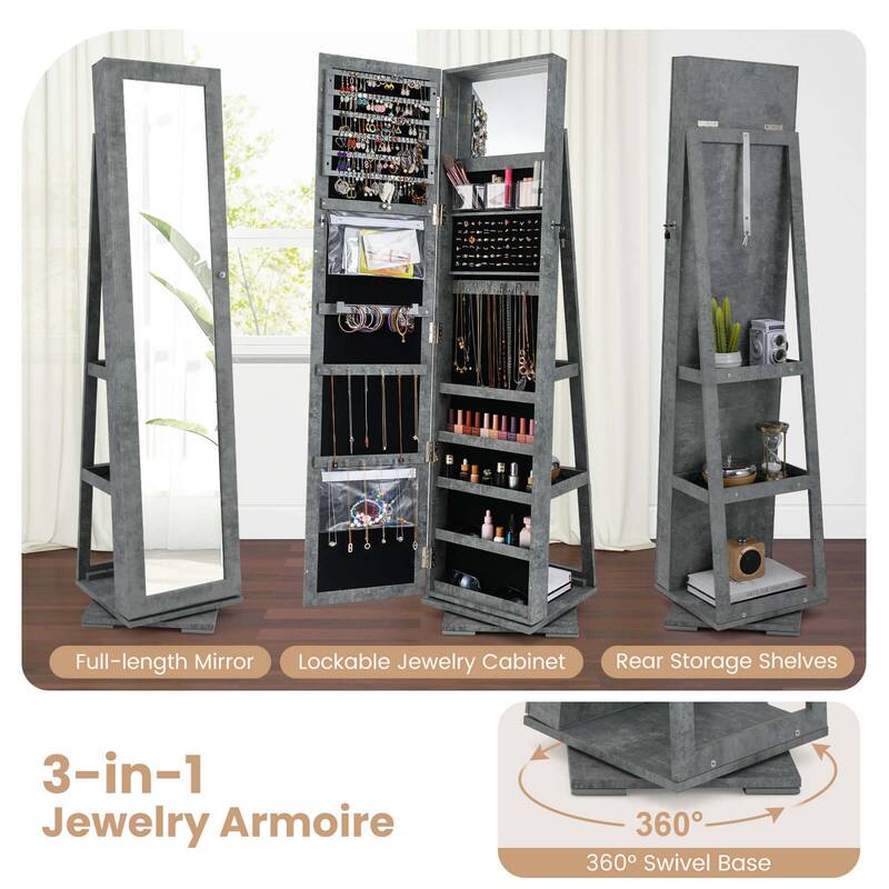 Costway 360degree Rotatable Jewelry Cabinet 2-in-1 Lockable Mirrored - See Details