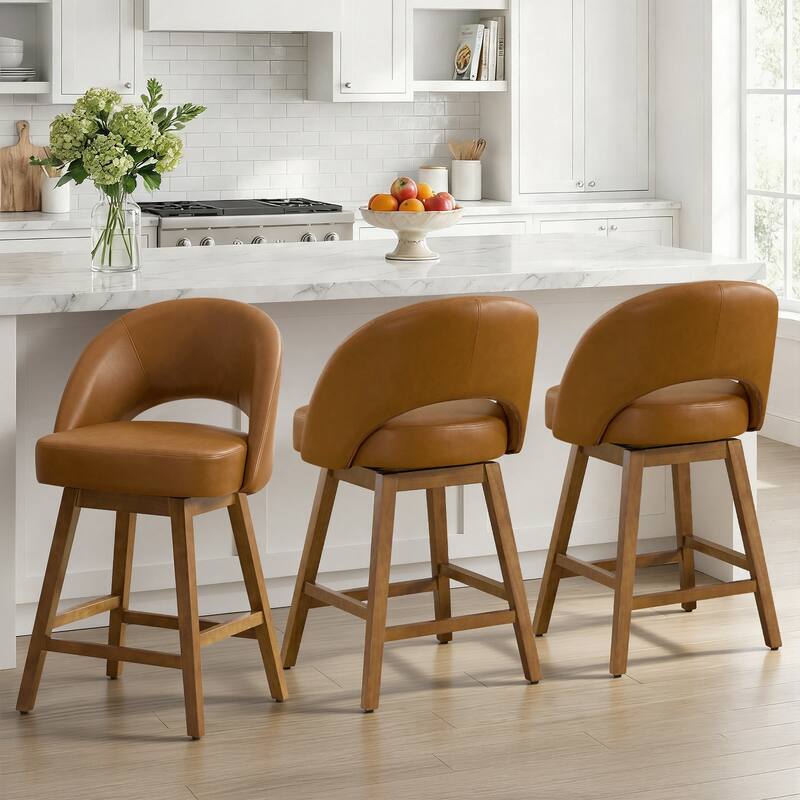 Upholstered Swivel Counter Height Bar Stools with Cutout Back and Solid Wood Frame - 38.2"H x 22.1"W x 23.6"D