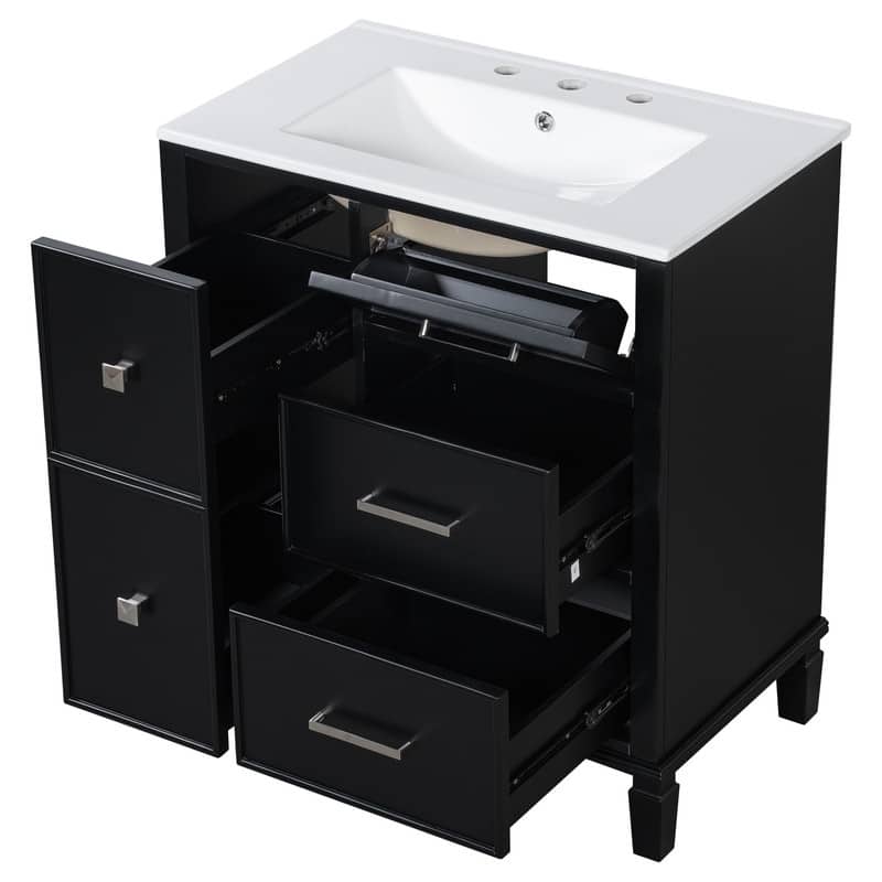30 Inch Bathroom Vanity with Ceramic Sink, Flip-Out Drawer, Soft Close Drawers
