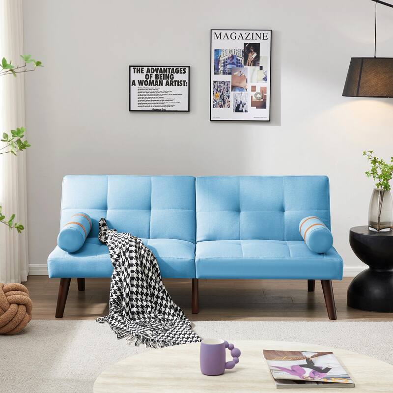 Convertible Sofa Bed Futon with Solid Wood Legs in Linen Fabric - Blue