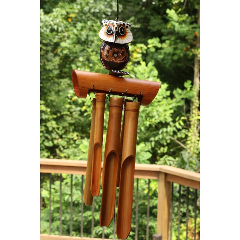 Handmade Wooden Snowy Owl Bamboo Wind Chime Wood Statue Figurine Hoot Sculpture Art Decorative Rustic Patio Garden Outdoor De