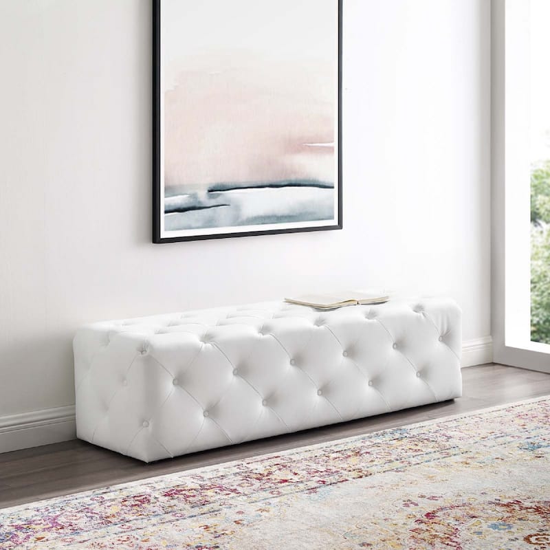 Modway Tufted Vegan Leather 60" Upholstered Entryway Bench in White - White