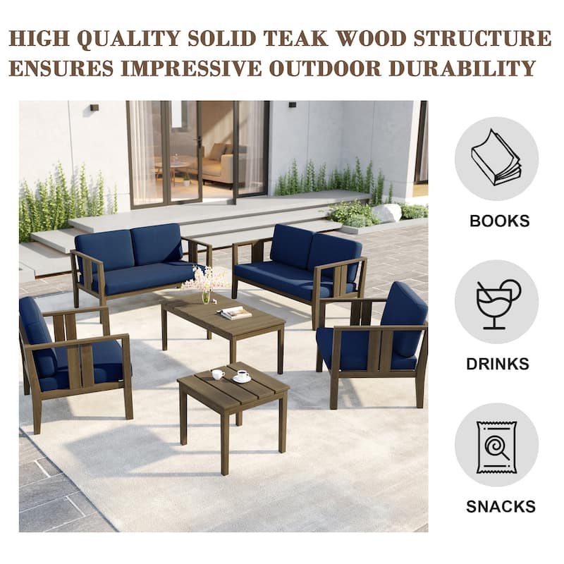 6-Piece Outdoor Furniture Solid Teak Patio Conversation Set with Table