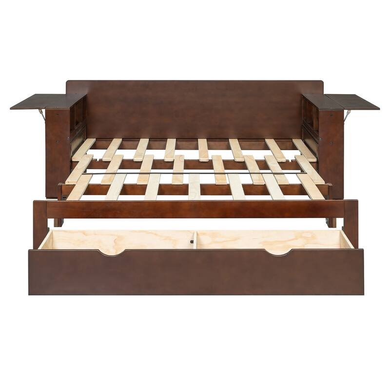 4-in-1 Multifunctional Daybed Storage Bed Frame with Removable Desk, Drawers, Bookcase Shelves and Hydraulic Side Tables