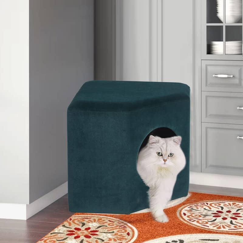 Adeco Cat Dog Condo Ottoman Square Foot Stool with Cave Inner Pad Small