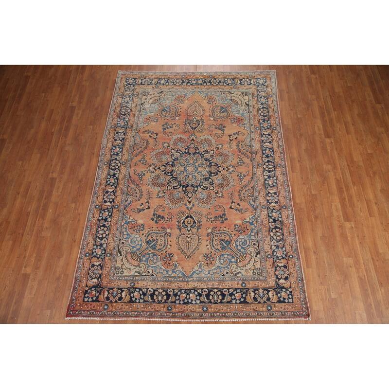Hand Knotted Oriental 100% Wool Carpet Traditional Floral Oranges & Rust Mashad Area Rug - 9' 7'' X 6' 6''
