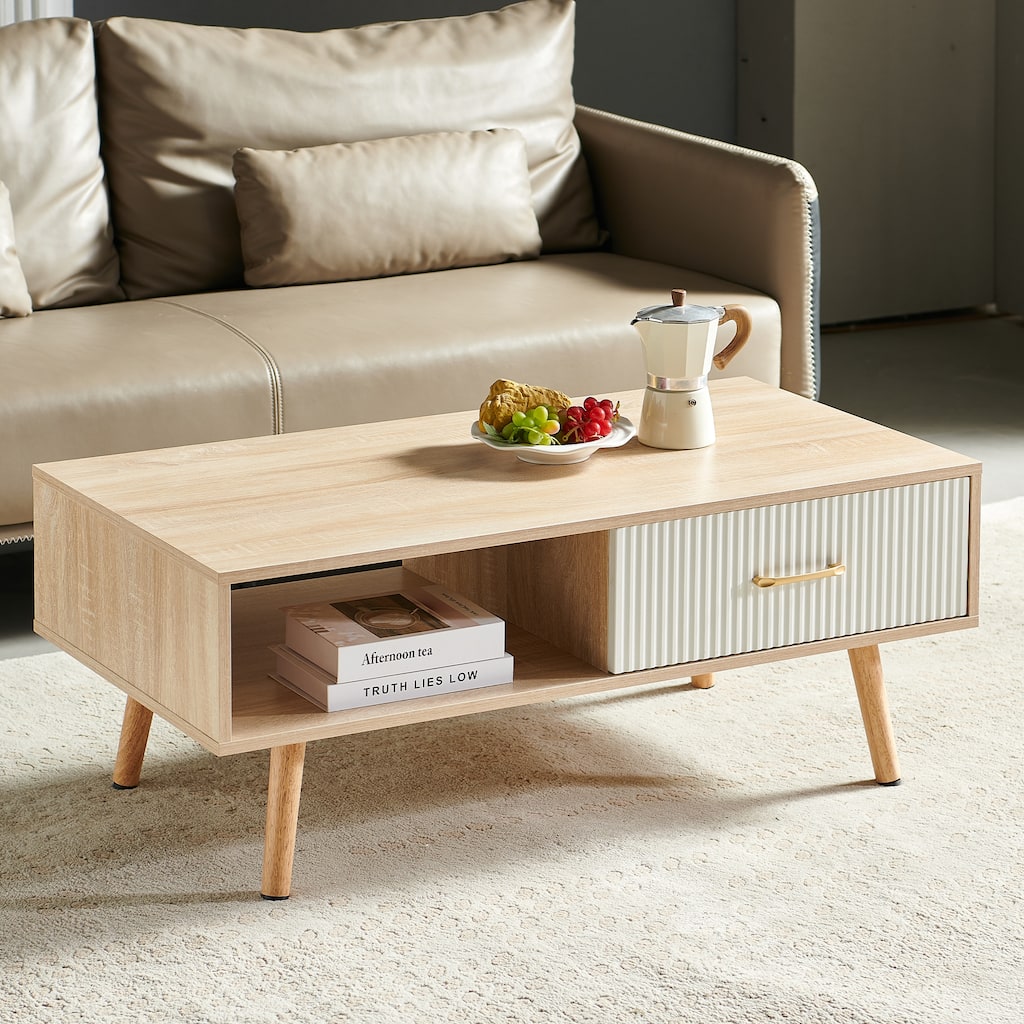 Rectangle Coffee Table with Solid Wood Legs, Sliding Drawer for Storage, Modern Table for Living Room