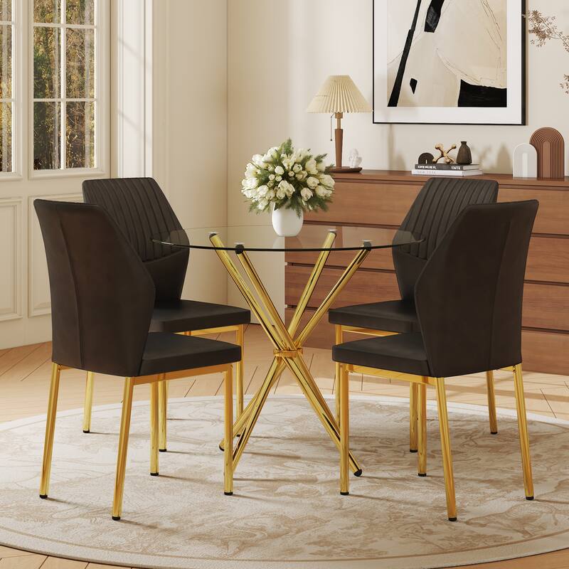 4-Piece Dining Set with 36.6'' Round Tempered Glass Table & Black-Gold Chairs - Modern Luxe Style