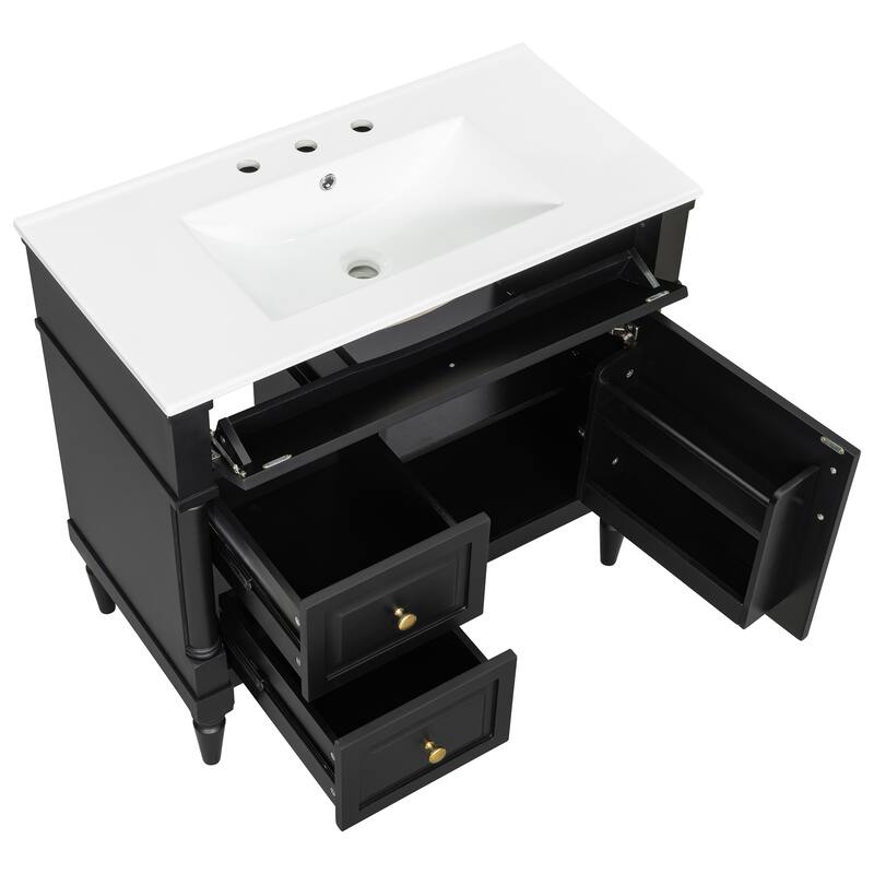 Roomfitters 36" Bathroom Vanity with Sink, Solid Wood Frame, Flip Drawer, 2 Drawers & Door Rack