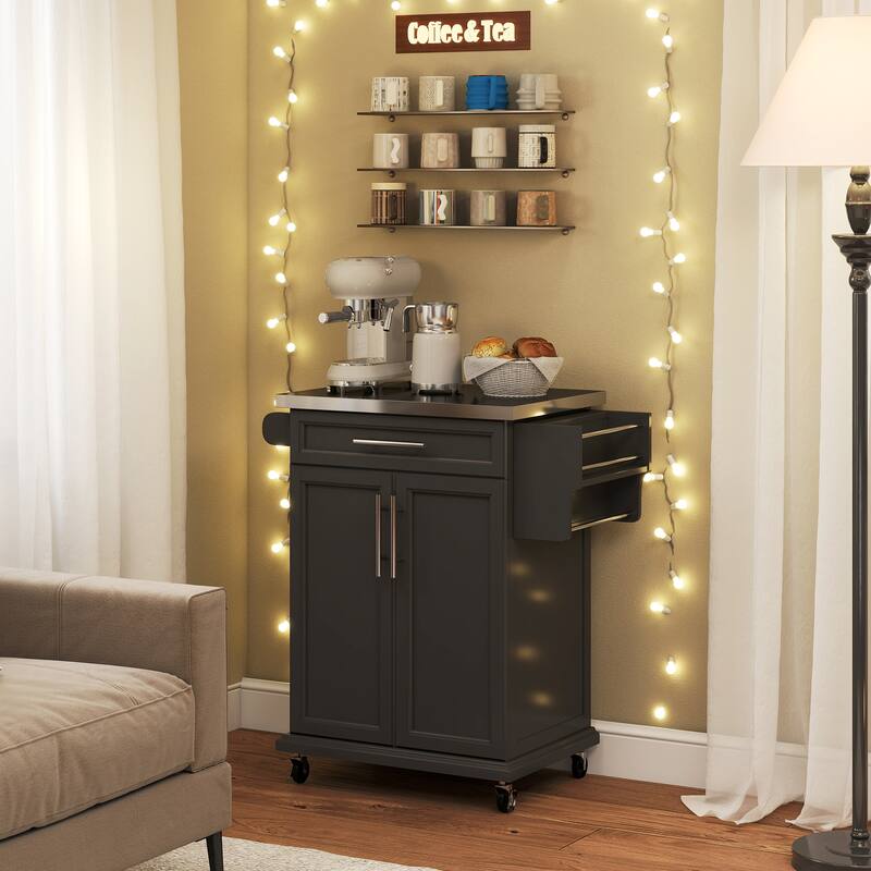 HOMCOM Rolling Kitchen Island Utility Storage Cart With Drawer, Spice Rack & Wheels - Black