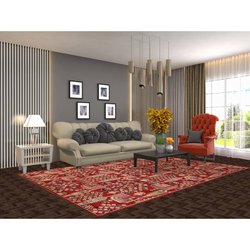 Hand Knotted Oriental 100% Wool Carpet Traditional All-Over Red Ziegler Area Rug - 9' 9'' X 6' 7''