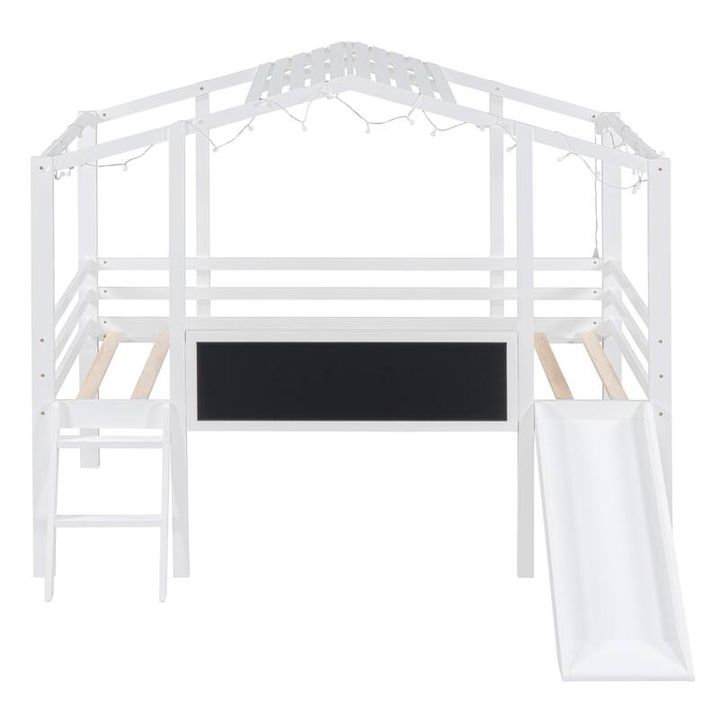 Twin Loft Bed with Slide, Ladder, Blackboard, and Light Strip, White and Gray