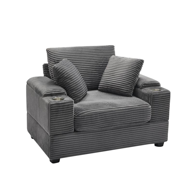 Corduroy Sofa Sets with Ottoman, Handrail Storage and Cup Holders