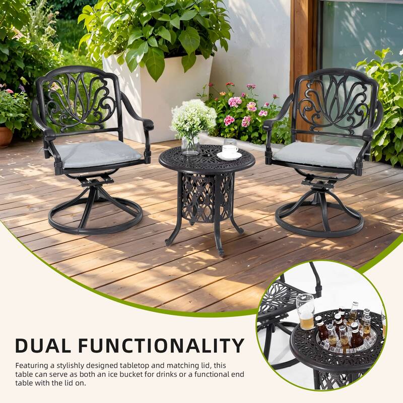 21" Outdoor Cast Aluminum Side Table with Stainless Steel Ice Bucket