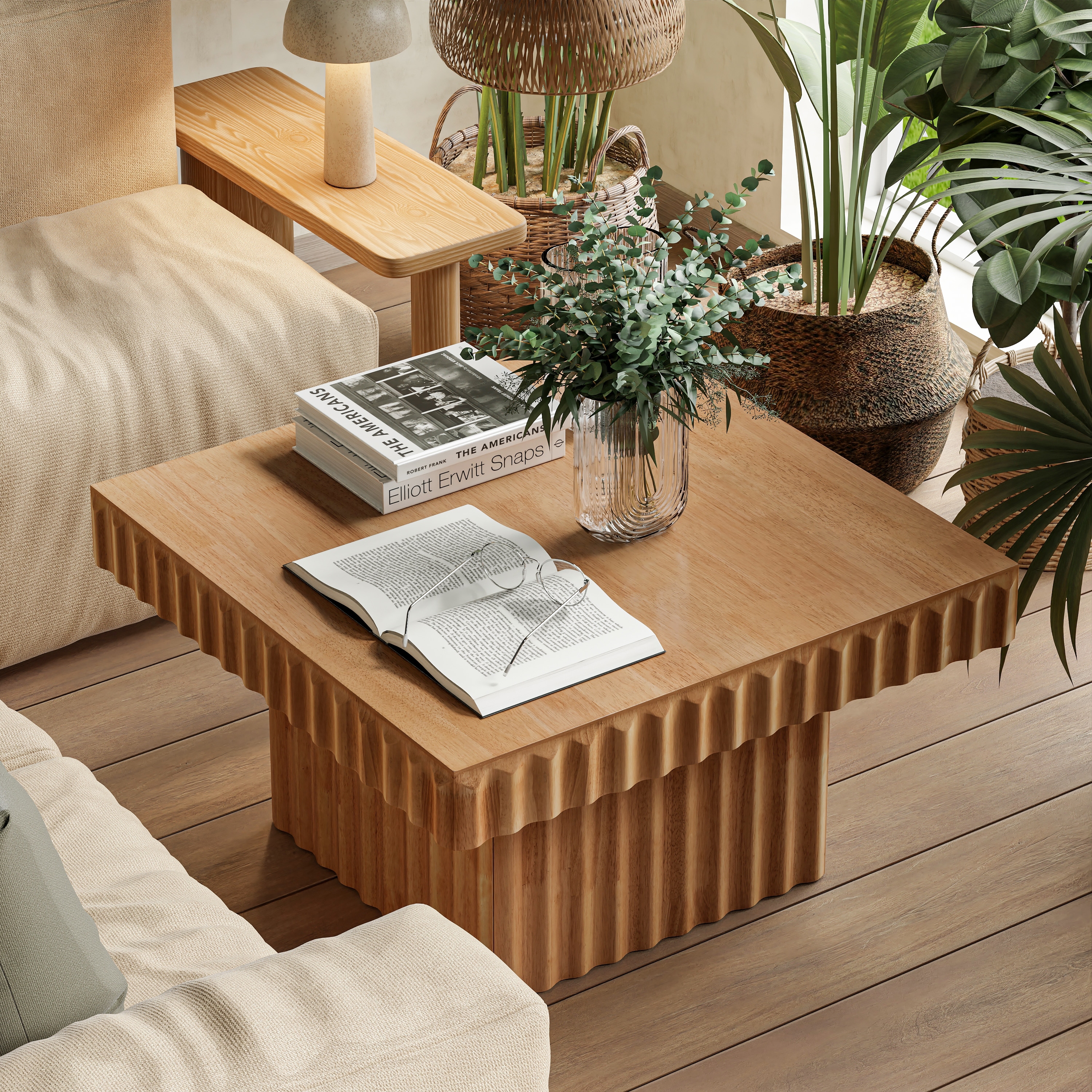 COZAYH Modern Square Fluted Solid Wood Coffee Table,Sculptural