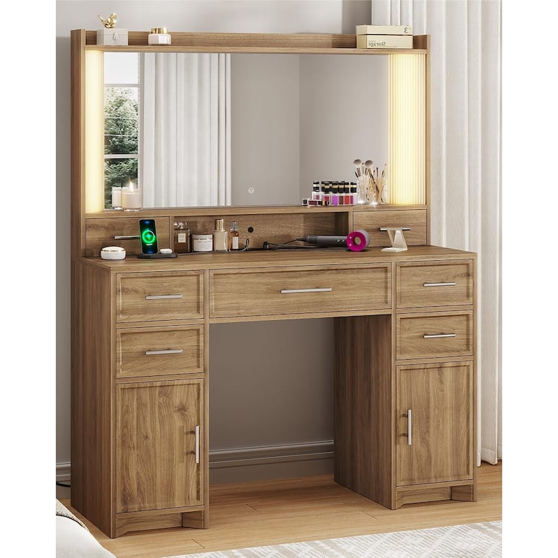 Makeup Vanity Desk Large 35" HD Lighted Mirror Vanity Table 7 Drawers - Wood