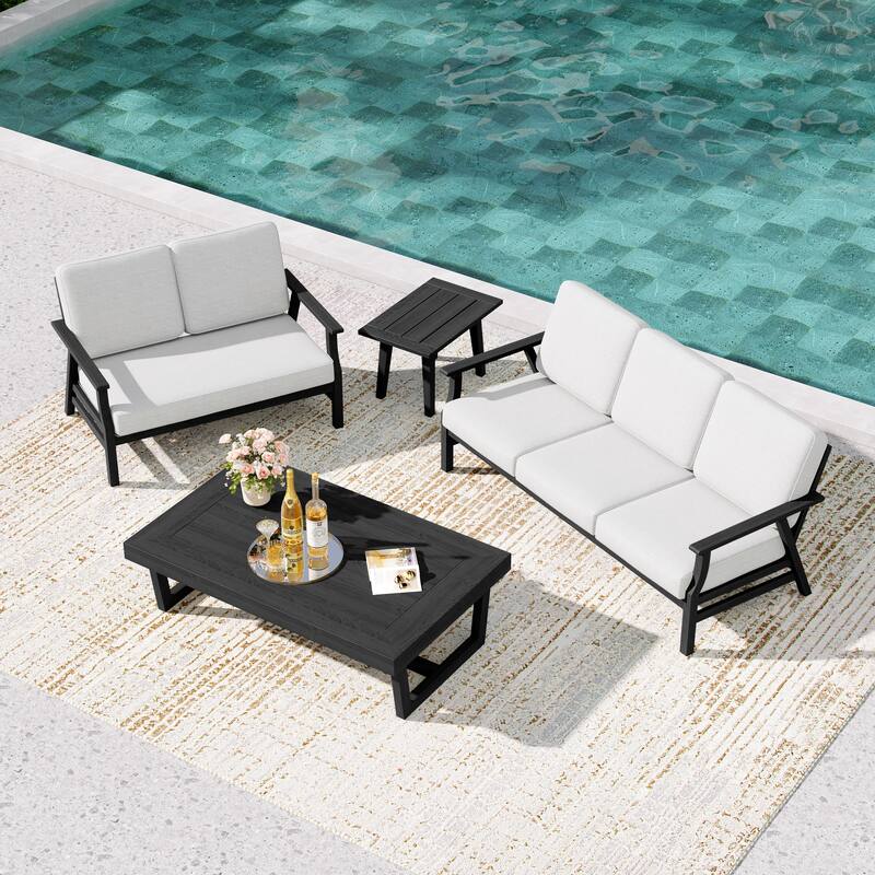 Teak Outdoor Seating Set with Daybed & Tables. - Black Wood - Beige/4-piece