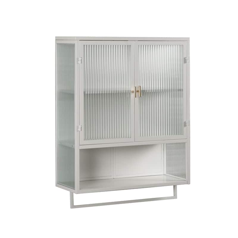 Glass Door Double Door Wall Cabinet with Towel Rack and Open Shelving