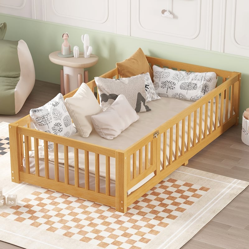 Montessori Toddler Floor Bed with Fence and Switchable Door, Low Profile Bed Frame with Removable Slats, Safe Transition Bed - Grey - Twin