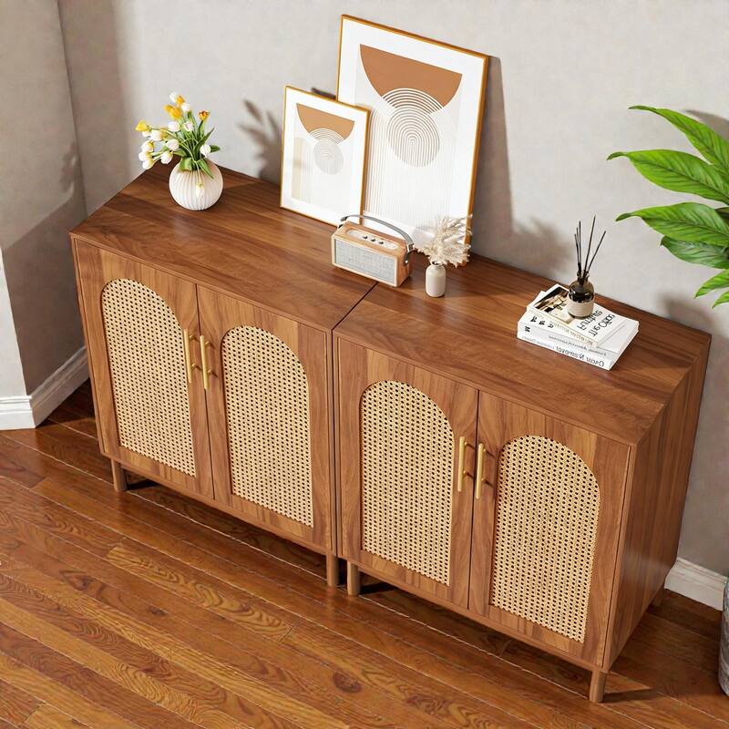 Modern Rattan Sideboard Buffet Cabinet with Storage, 4 Door Credenza for Dining Room Living Room Coffee Bar