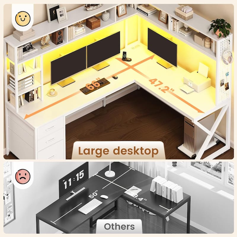 L Shaped Gaming Desk with Storage Shelves and Hutch Computer Desk 3 Drawers