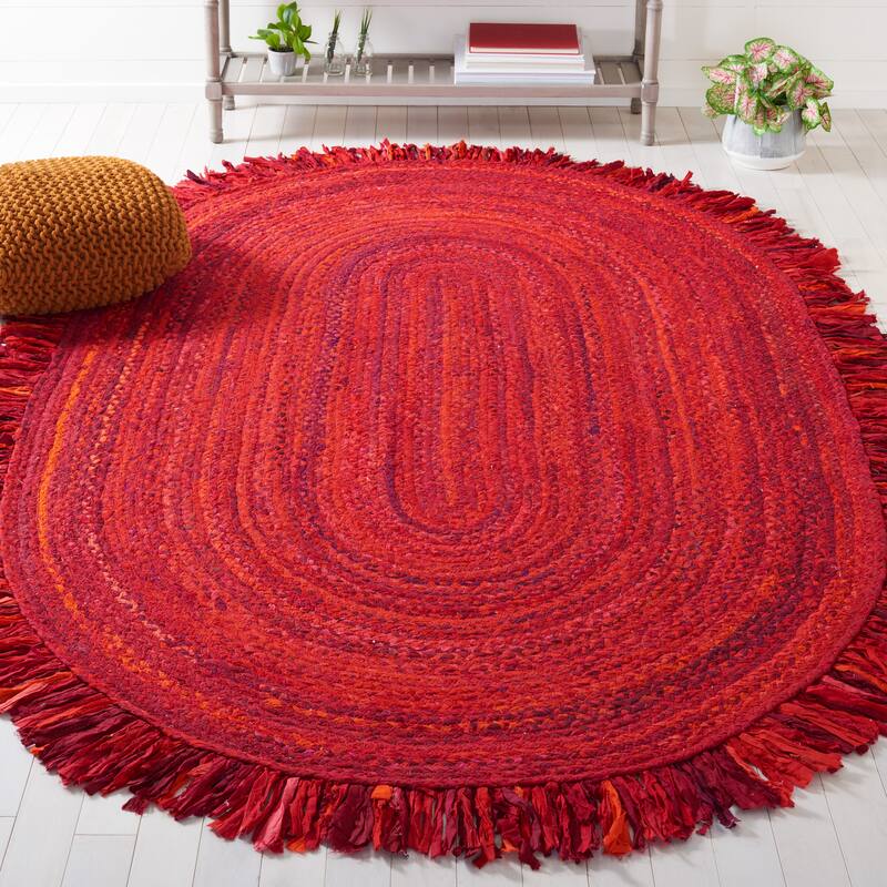SAFAVIEH Handmade Braided Samya Country Cotton Rug with Fringe - 5' x 8' Oval - Red/Multi