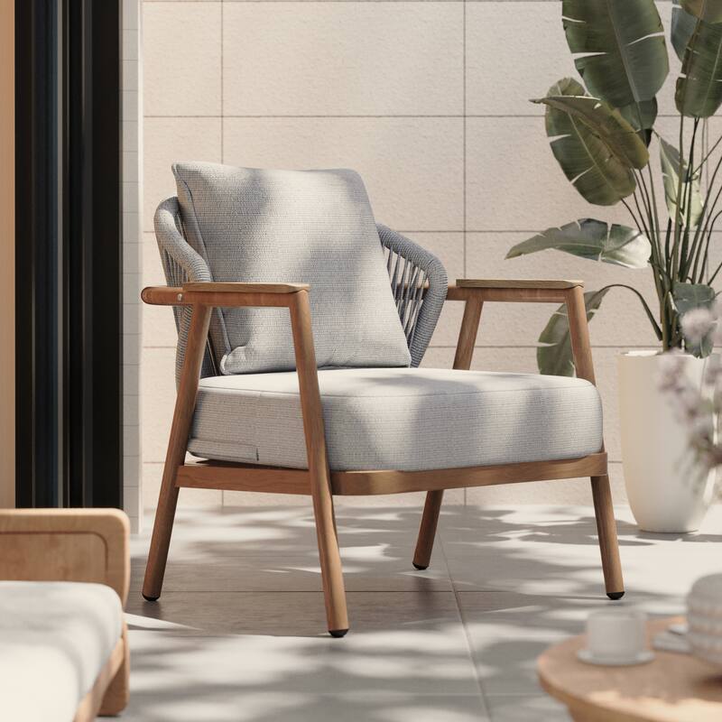 Roomfitters Orla Outdoor Rope Club Chairs with Plastic Wood Armrests and Cushions, Teak Finish