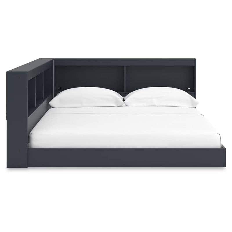 Corner Bookcase Platform Floor Bed with USB Charging Ports Engineered Wood Storage Headboard
