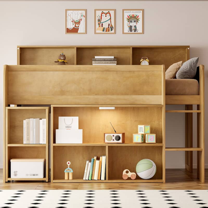 Full Size Wood Kids Loft Bed Frame with Pull-out Desk, Multiple Storage Bookshelf Built-in LED