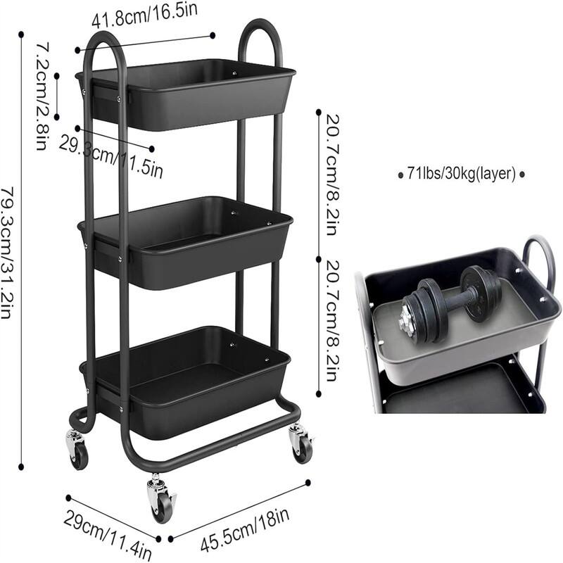 3-Tier Metal Utility Rolling Cart - 11.4"D x 18"W x 31.2"H