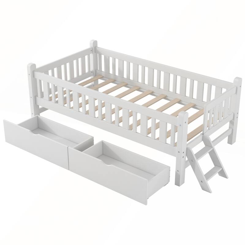 Wood Twin Size Platform Bed with Guardrail and 2 Drawers