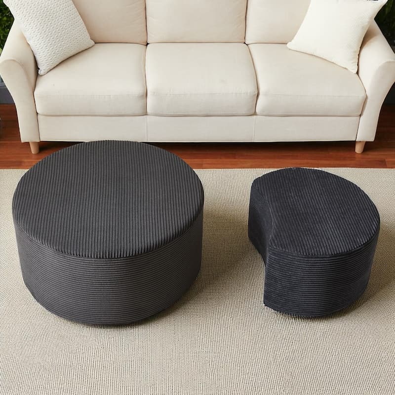 Set of 2 Round Nesting Coffee Tables, Upholstered Corduroy Ottoman Accent Tables, Modern Foam Design, No Assembly