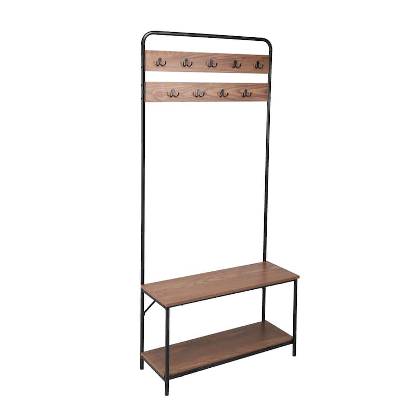 Davee Hall Tree with Storag e Bench in Walnut Color and Black Metal Frame-32" x12"x67" - 31.5*12*67 inches