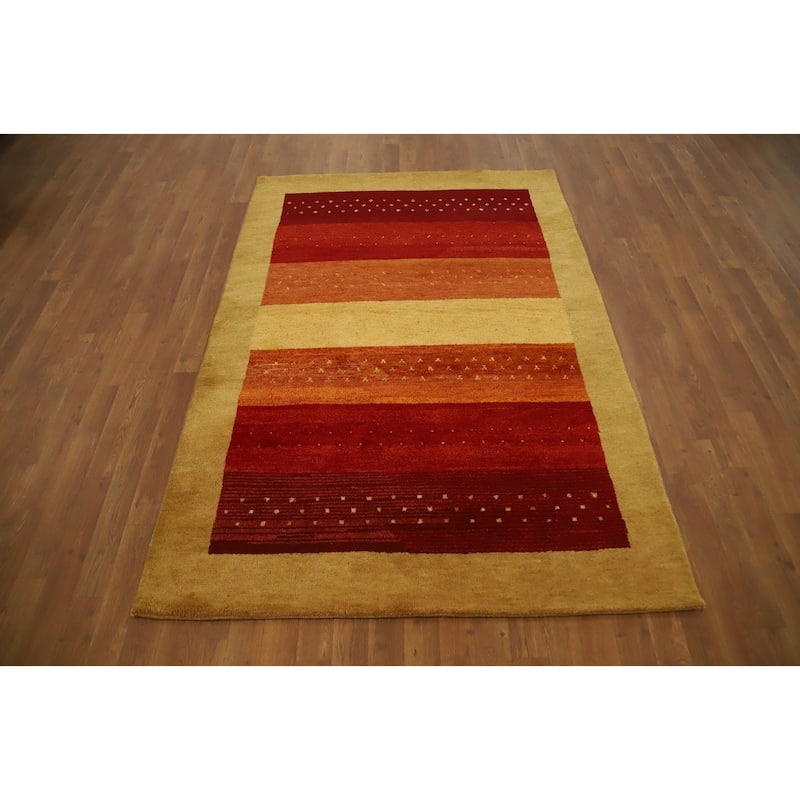 Hand Knotted Oriental 100% Wool Carpet Modern Stripe Oranges & Rust Gabbeh Area Rug - 6' 6'' X 4' 7''