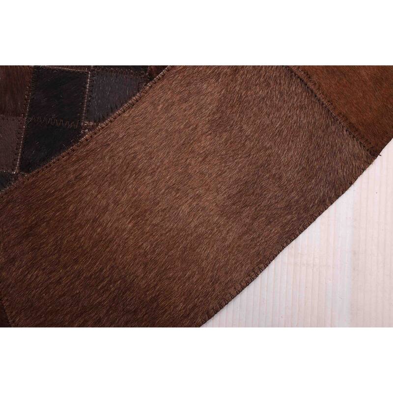 ECARPETGALLERY Handmade Cowhide Patchwork Dark Brown Leather Rug - 5'0 x 5'0
