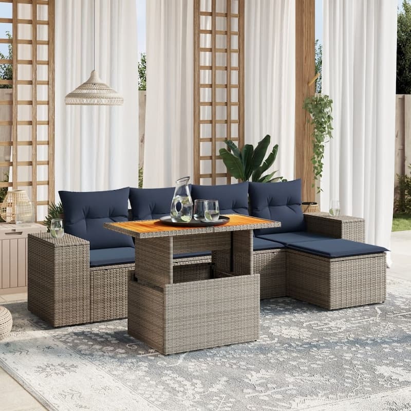 vidaXL Patio Sofa Set with Cushions Outdoor Furniture 6 Piece Poly Rattan - Grey - 21.7 x 21.7 x 14.6