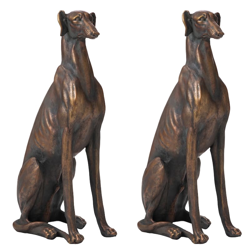 Glitzhome 30"H Morden MgO Bronze Sitting Guardian Greyhound Dog Garden Statue Porch Sculpture Indoor Outdoor - 2PK Dogs