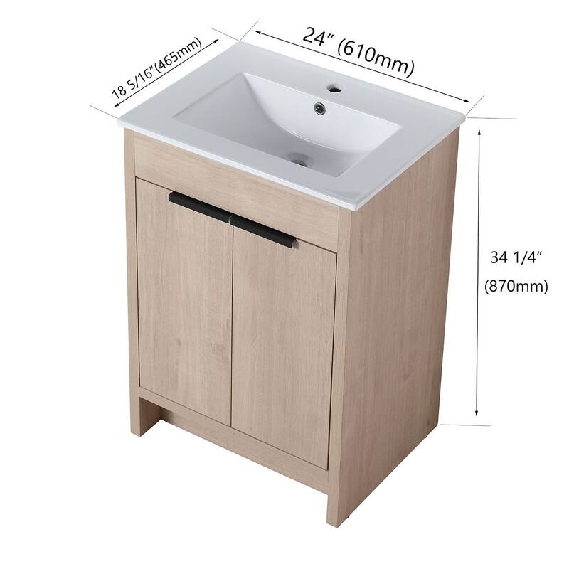 24", 30", 36" Freestanding Bathroom Vanity with White Ceramic Sink & Soft-Close Doors