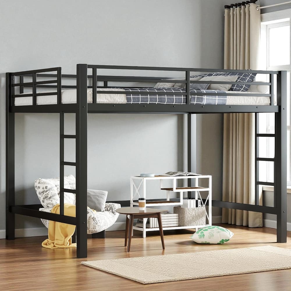 Twin/Twin XL/Full/Queen Size Metal Loft Bed with Guardrails and Dual Ladders, Space-Saving Loft Bed Frame for Bedroom or Dorm