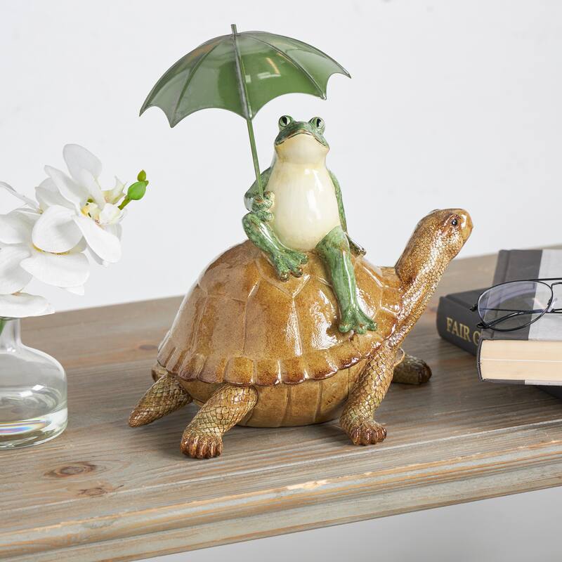 Bronze Resin Sitting Frog Decorative Sculpture with Umbrella and Brown Walking Turtle - Bronze