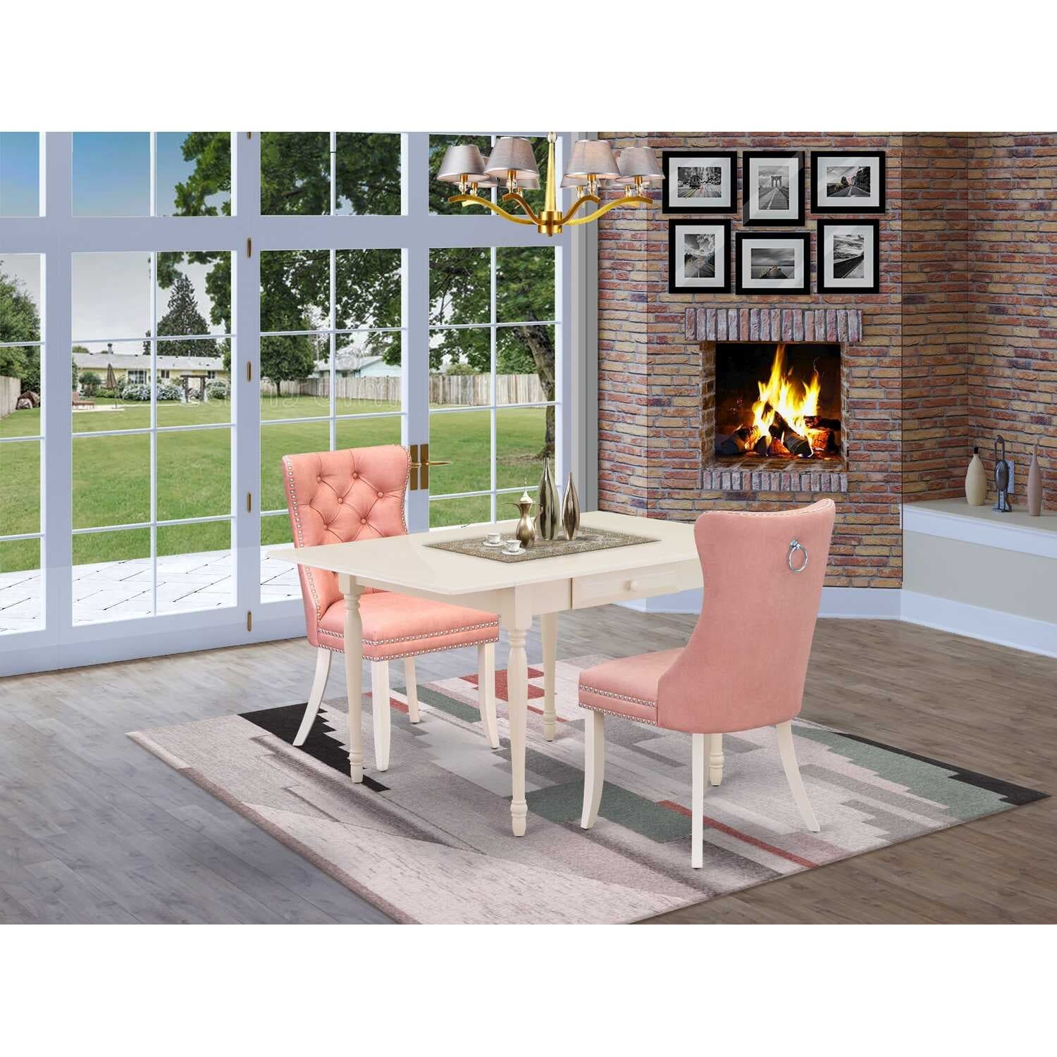 HomeStock 3-Pc Linen White Finish Rectangular Solid Wood Top with Dropleaf Dining Table Set