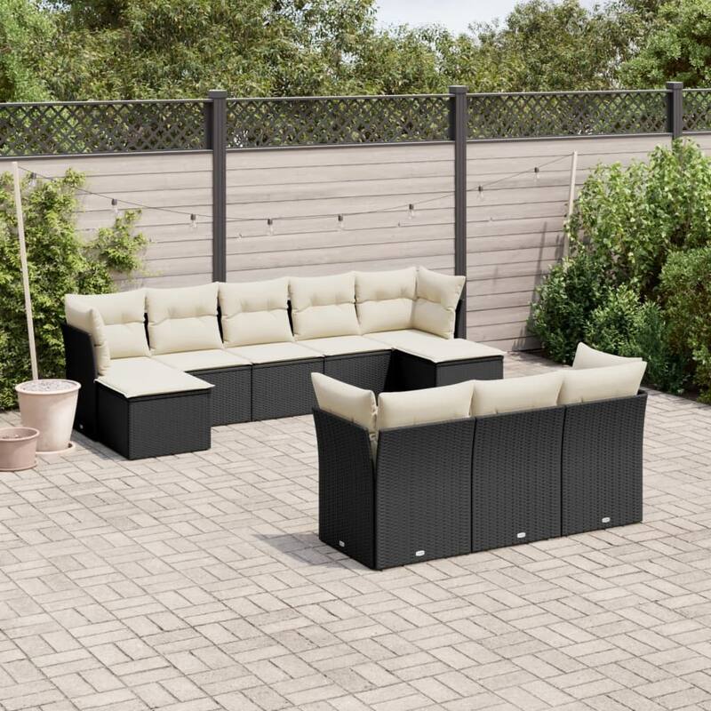 vidaXL Patio Sofa Set with Cushions Outdoor Furniture 10 Piece Poly Rattan - 21.7 x 21.7 x 14.6 - Black and cream 10pcs